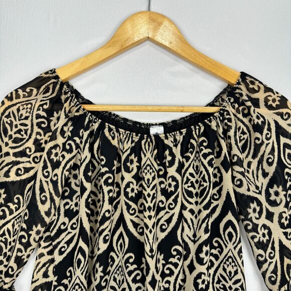 2B Together Sheer Bell Sleeve Tunic Dress Black Tan Women Size Small Long Sleeve - Picture 3 of 11